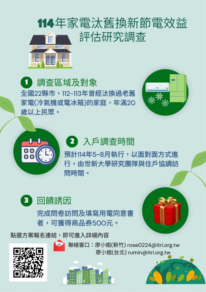 工研院【家電汰舊換新節電效益評估】調查即將開跑 敬請支持！